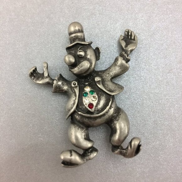 Vintage Silvetone Pewter Metal Clown Brooch Pin with Rhinestones - Picture 1 of 10